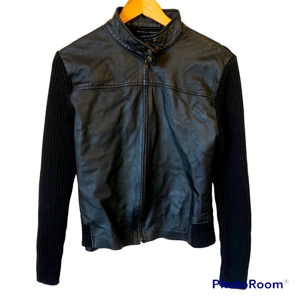 Black Leather Moto Sweater Jacket Women’s Size Large Bikercore Aviator